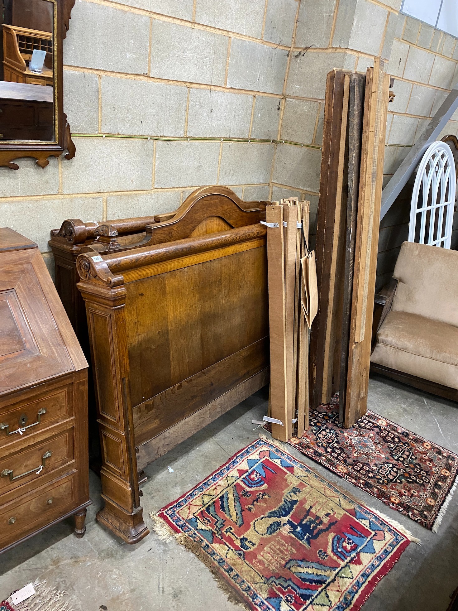 Two 19th century oak and walnut bed frames, larger width 127cm